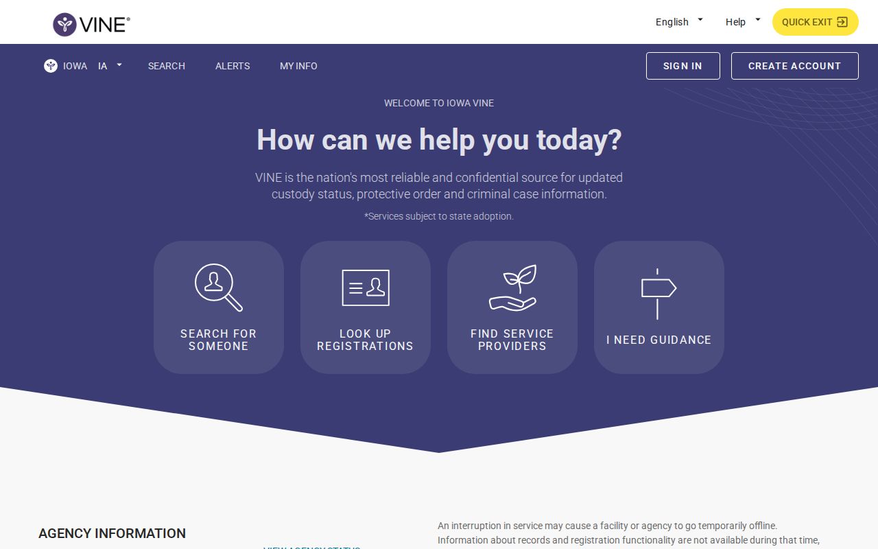 IowaVINE custody status and notification interface for Iowa arrest records