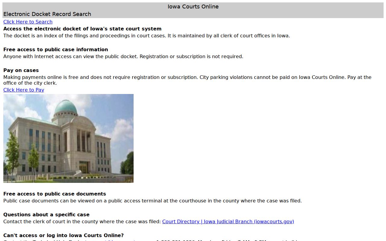 Iowa Courts Online trial court case search screen used for Palo Alto County court cases