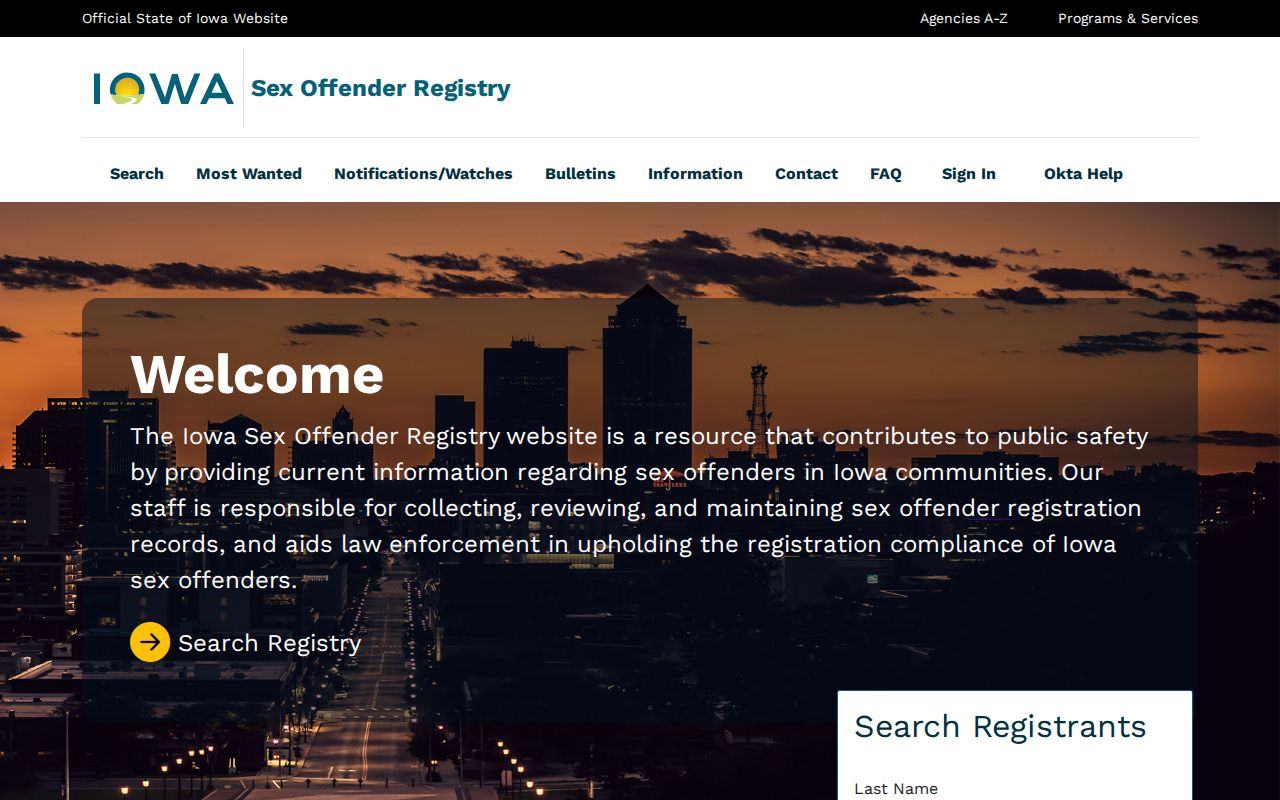 Palo Alto County sex offender lookup on the Iowa registry search screen